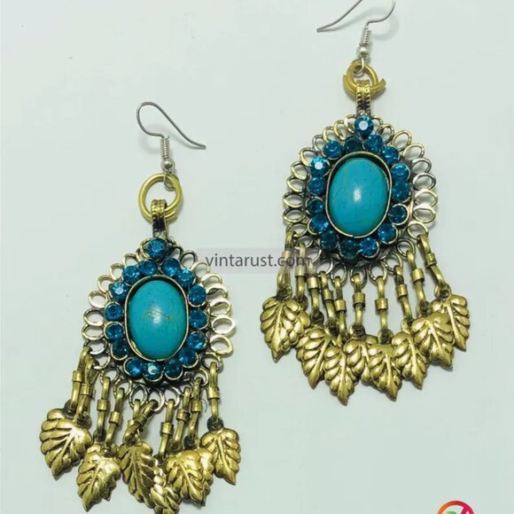 Handmade Turquoise Chandelier Earrings: Kuchi Boho Brass Dangle - Picture 9 of 9